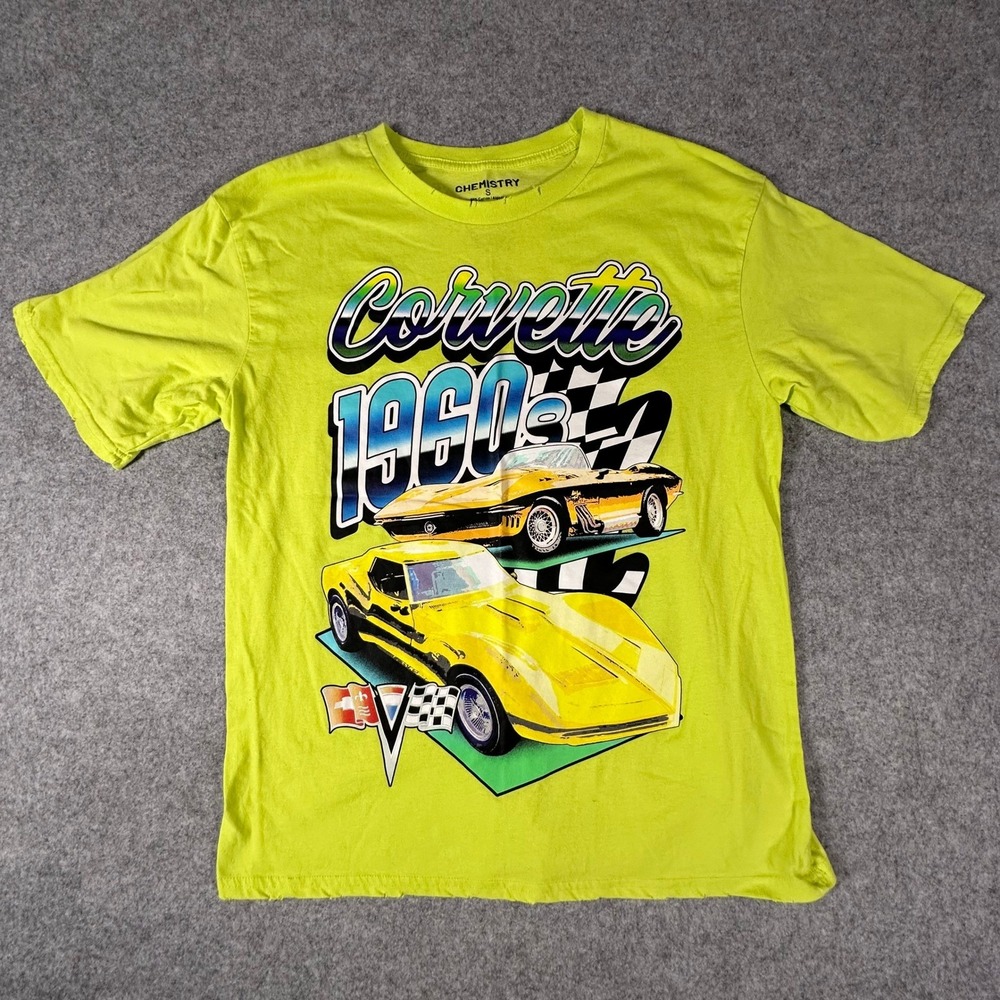 Chemistry Corvette T-Shirt Mens Small Neon Yellow 1960s Graphic Distressed